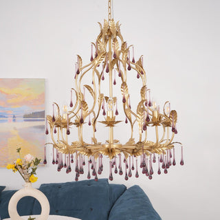 Lustra Suspension Lampe Gouttes et Feuilles Dorées