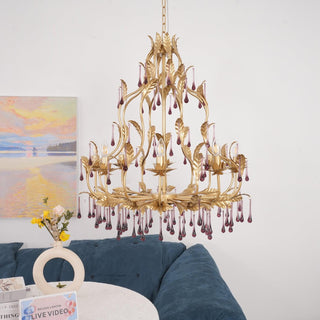 Lustra Suspension Lampe Gouttes et Feuilles Dorées