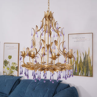 Lustra Suspension Lampe Gouttes et Feuilles Dorées