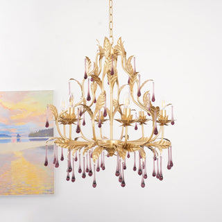 Lustra Suspension Lampe Gouttes et Feuilles Dorées