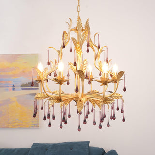 Lustra Suspension Lampe Gouttes et Feuilles Dorées