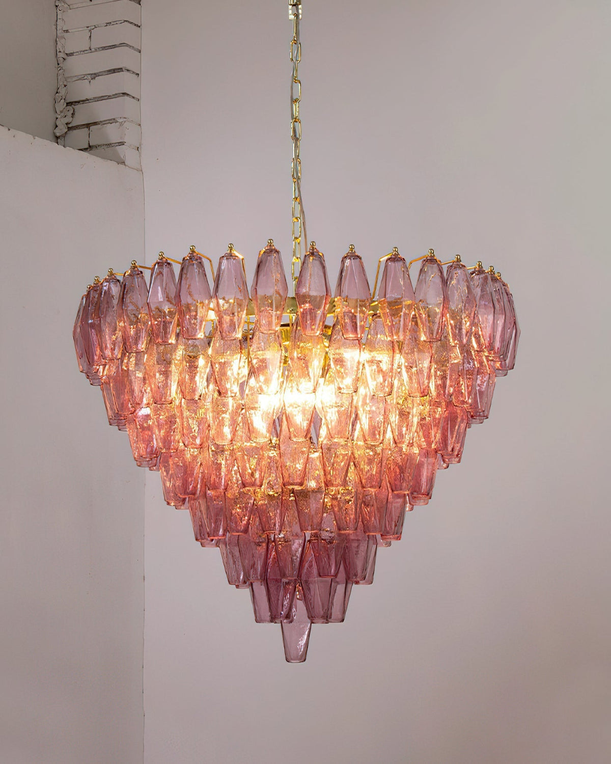 The Ametista Chandelier with clear glass prisms, unlit.