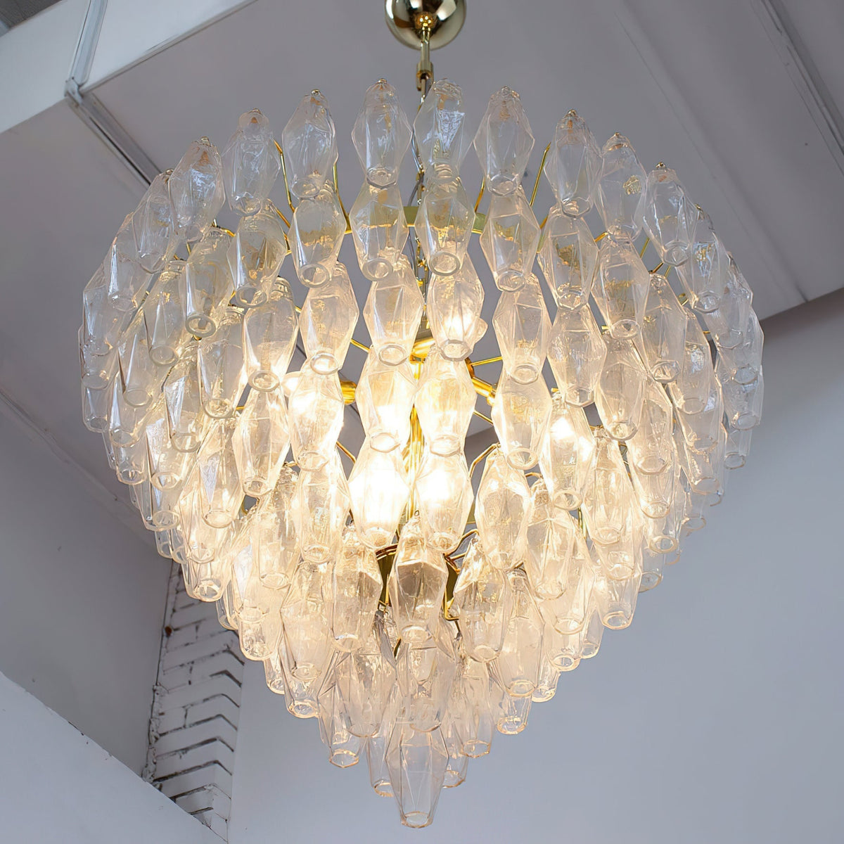 Detail shot of the subtle hue of the pale yellow glass prisms.