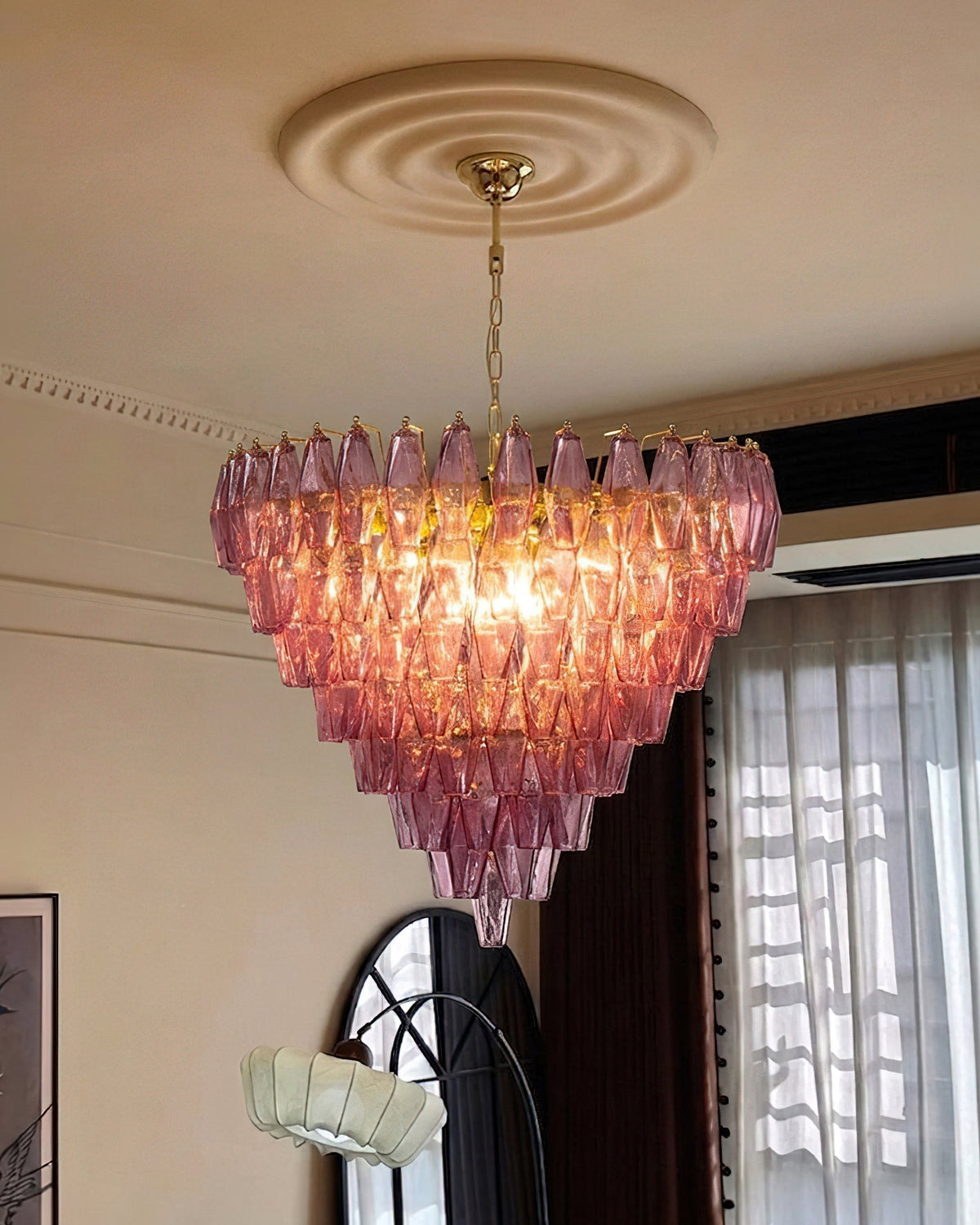 Ametista Chandelier viewed from below, highlighting its inverted pyramid structure.