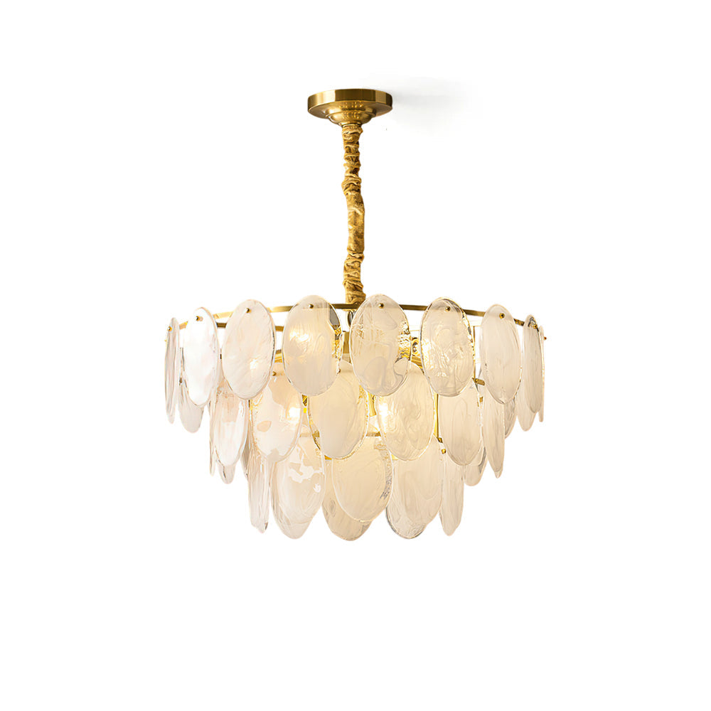 Andante Glass Chandelier with brass finish, front view.