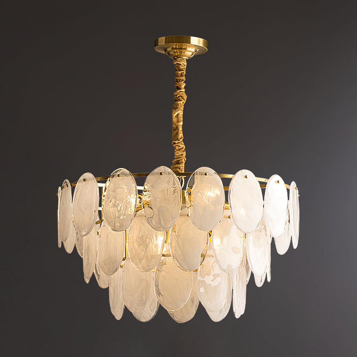 The medium size of the Andante Glass Chandelier against a neutral background.