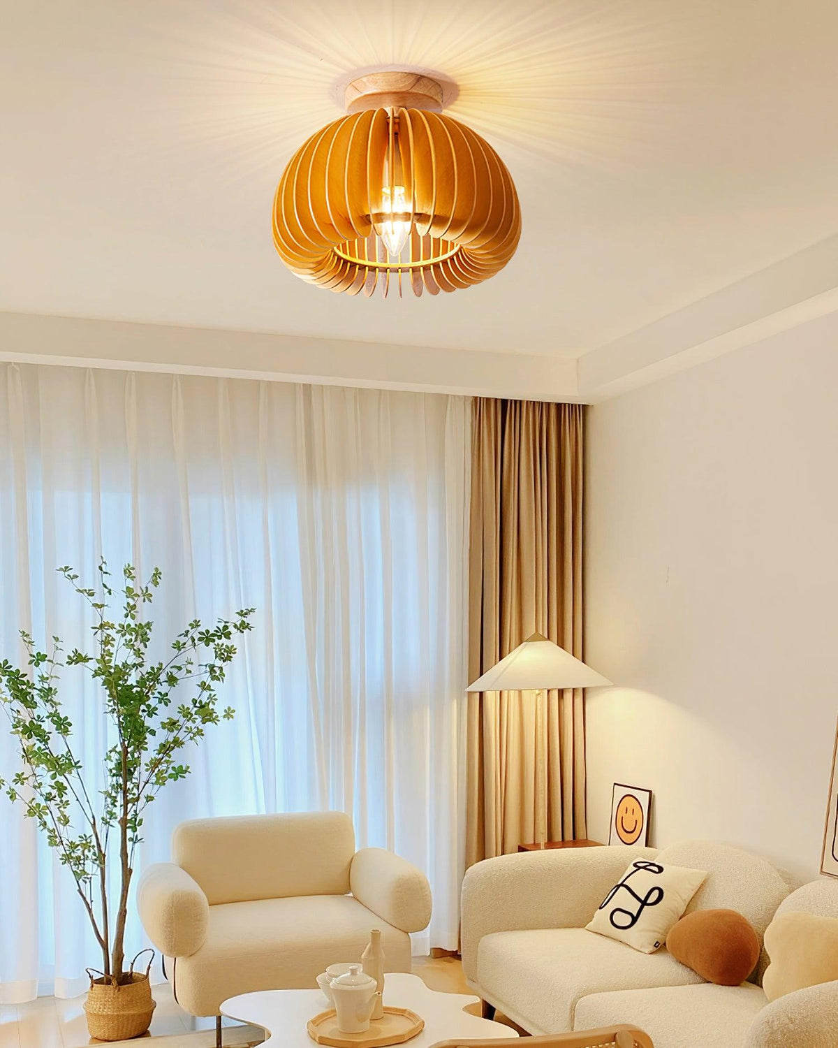 Ceiling Light Pumpkin with Basswood Canopy and Shade Natural-Neutral Decor
