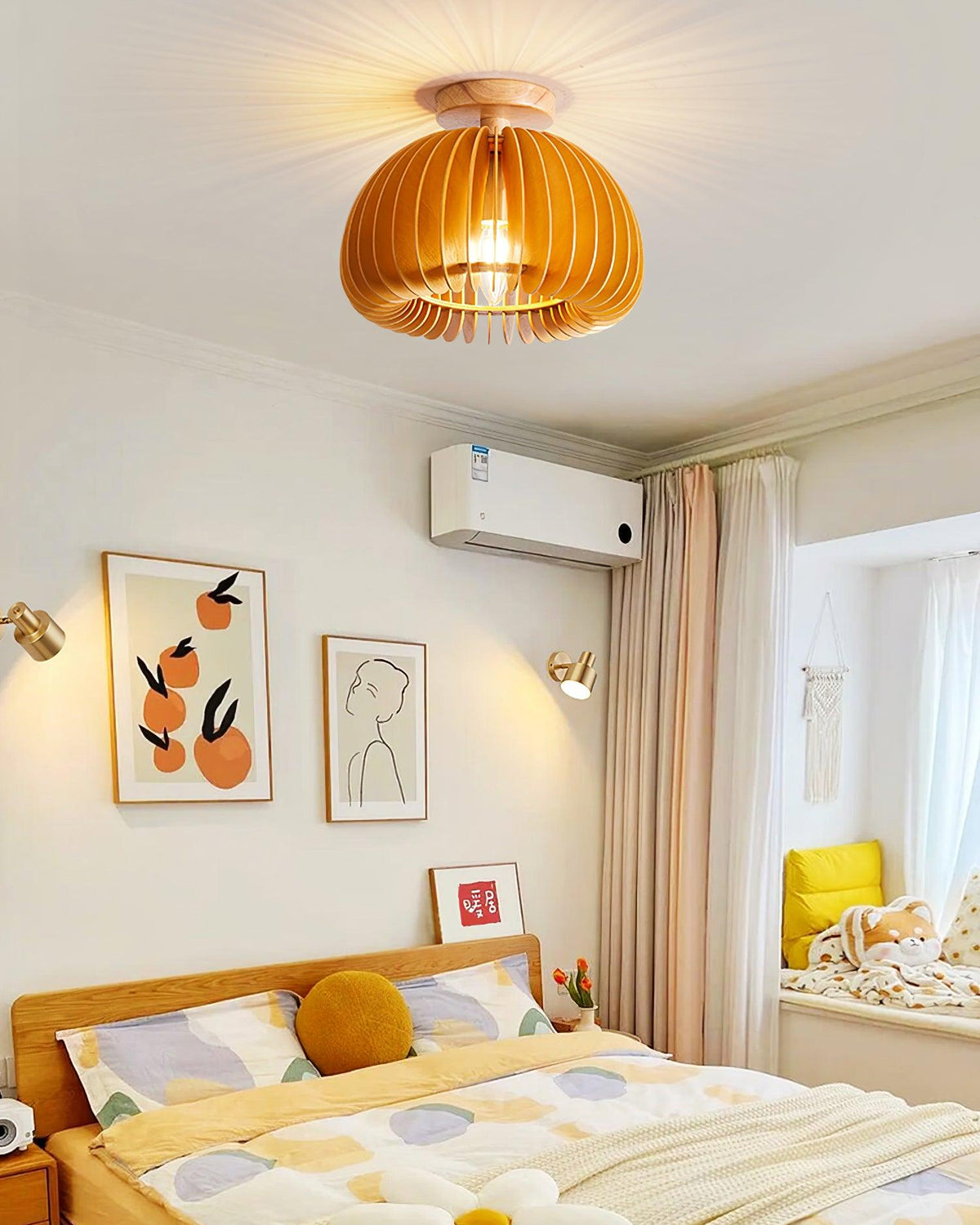 Ceiling Light Pumpkin with Basswood Canopy and Shade Natural-Neutral Decor