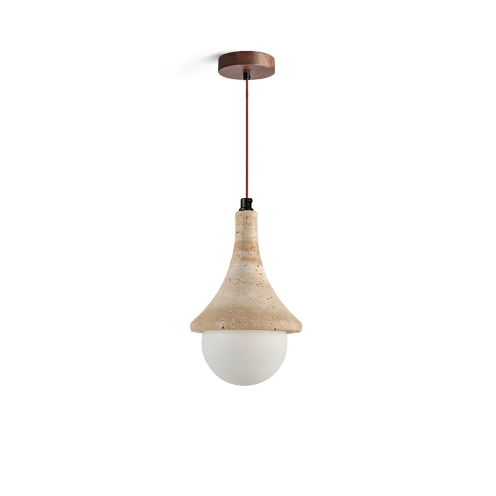 Annadel Pendant Light in beige travertine with a frosted glass globe.