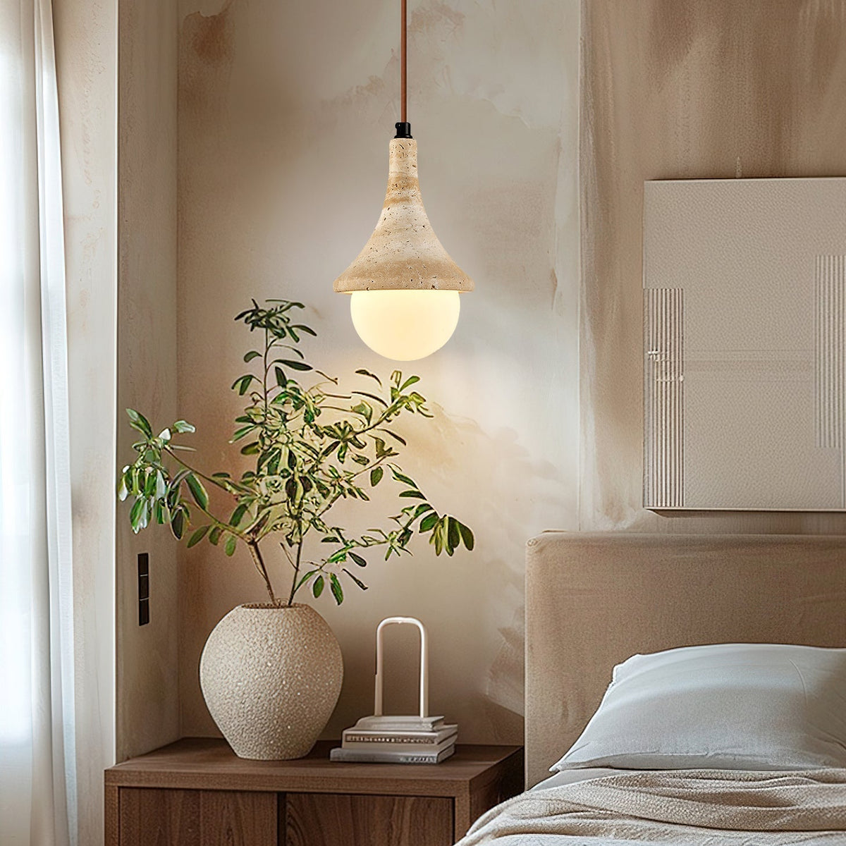 Close-up of the Annadel Pendant Light's travertine and wood details.