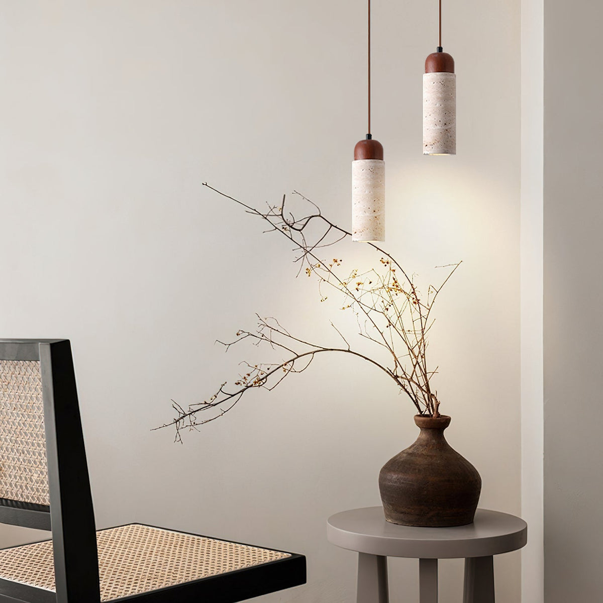 Close-up of the Arlene Pendant Lamp's natural travertine texture.