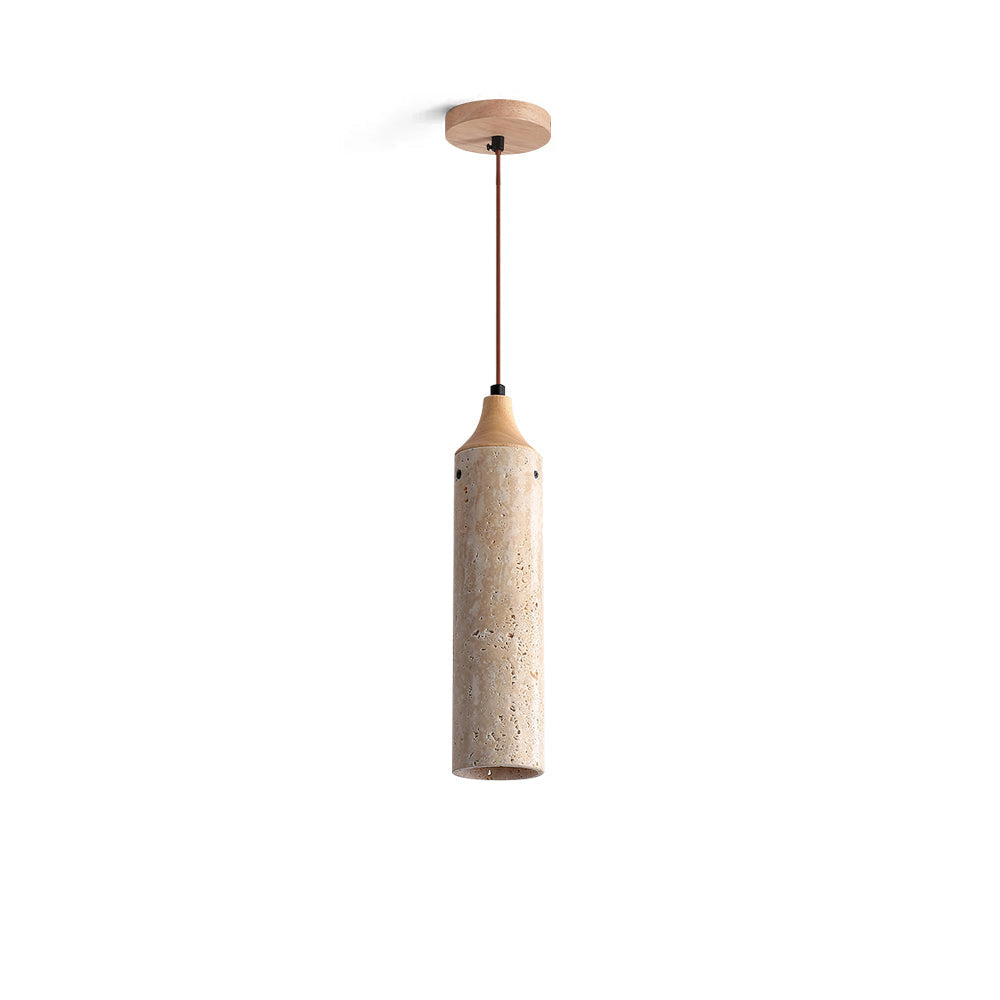Arlene Pendant Lamp in beige travertine and wood finish.