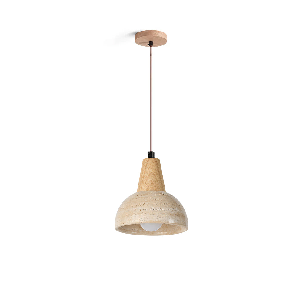 Arluoe Pendant Lamp with travertine shade and wood top, shown against a neutral background.