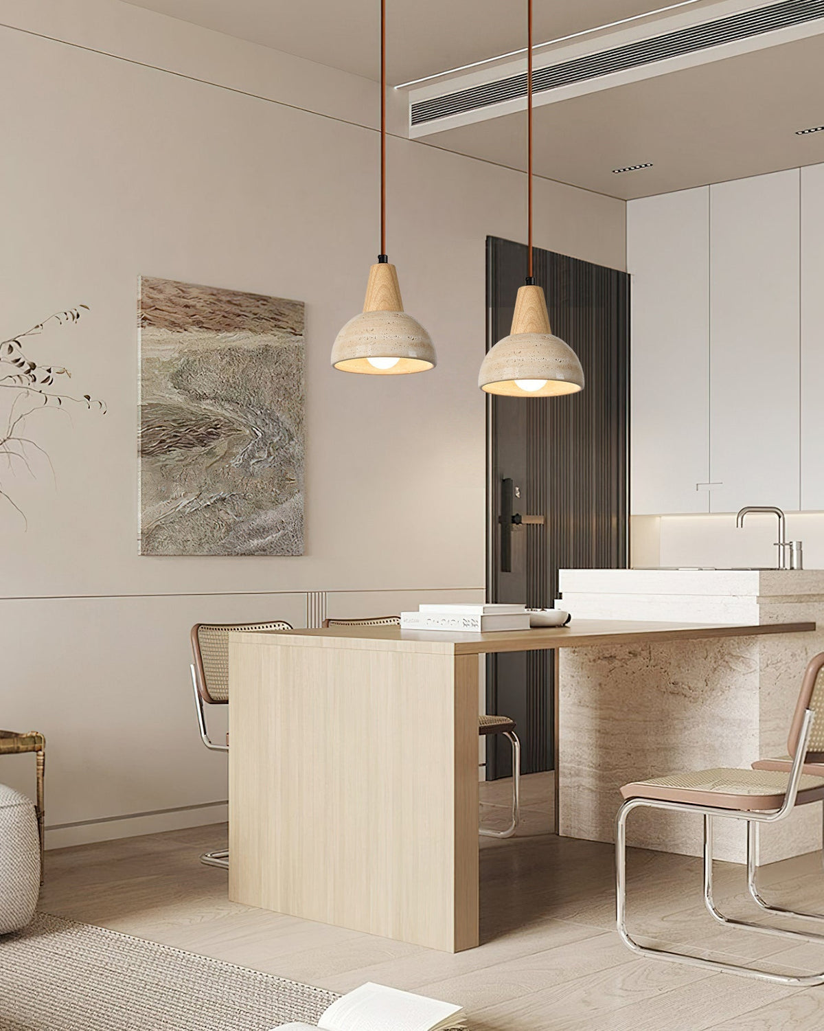 Lifestyle image of the Arluoe Pendant Lamp in a minimalist kitchen setting.