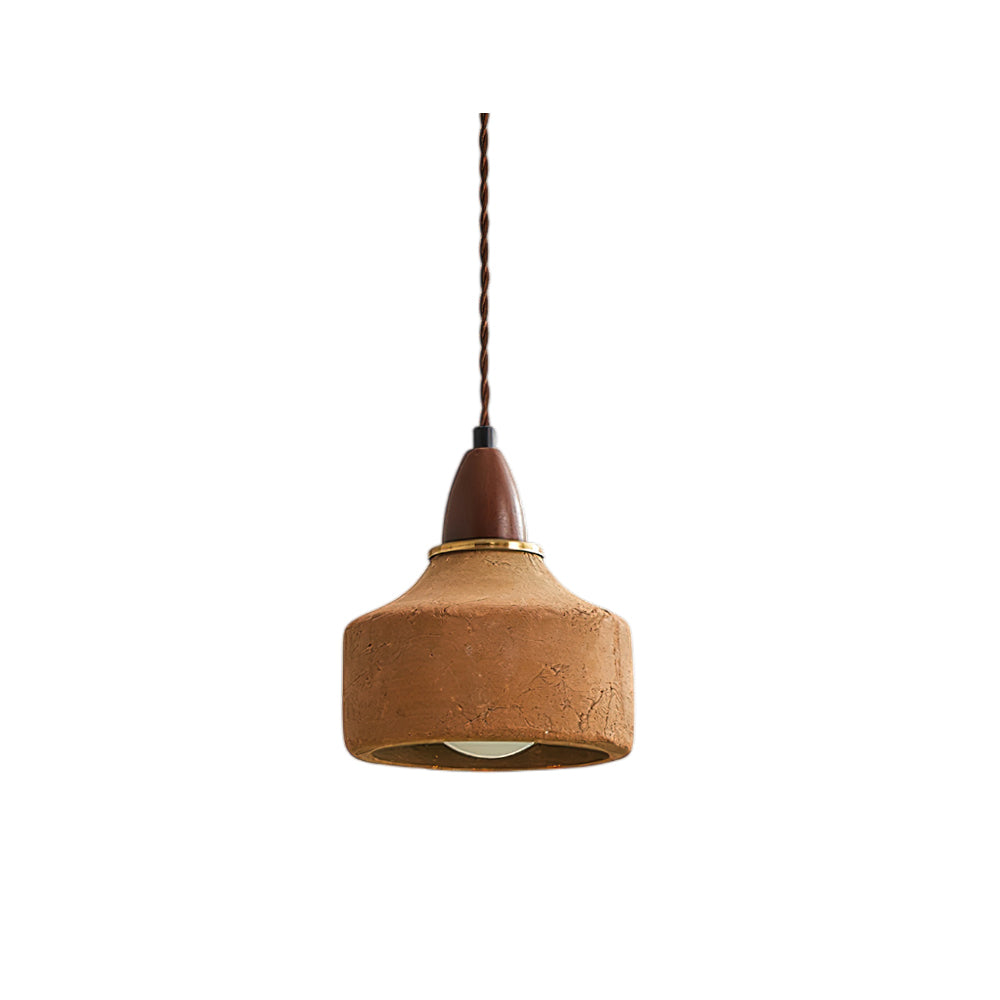 Auburn Pendant Light with a terracotta ceramic shade and wood top.