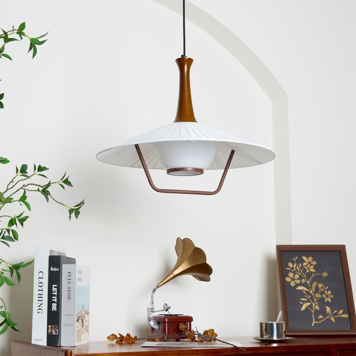 Vionne Mid-Century Wood and White Pendant Lamp-Neutral Decor
