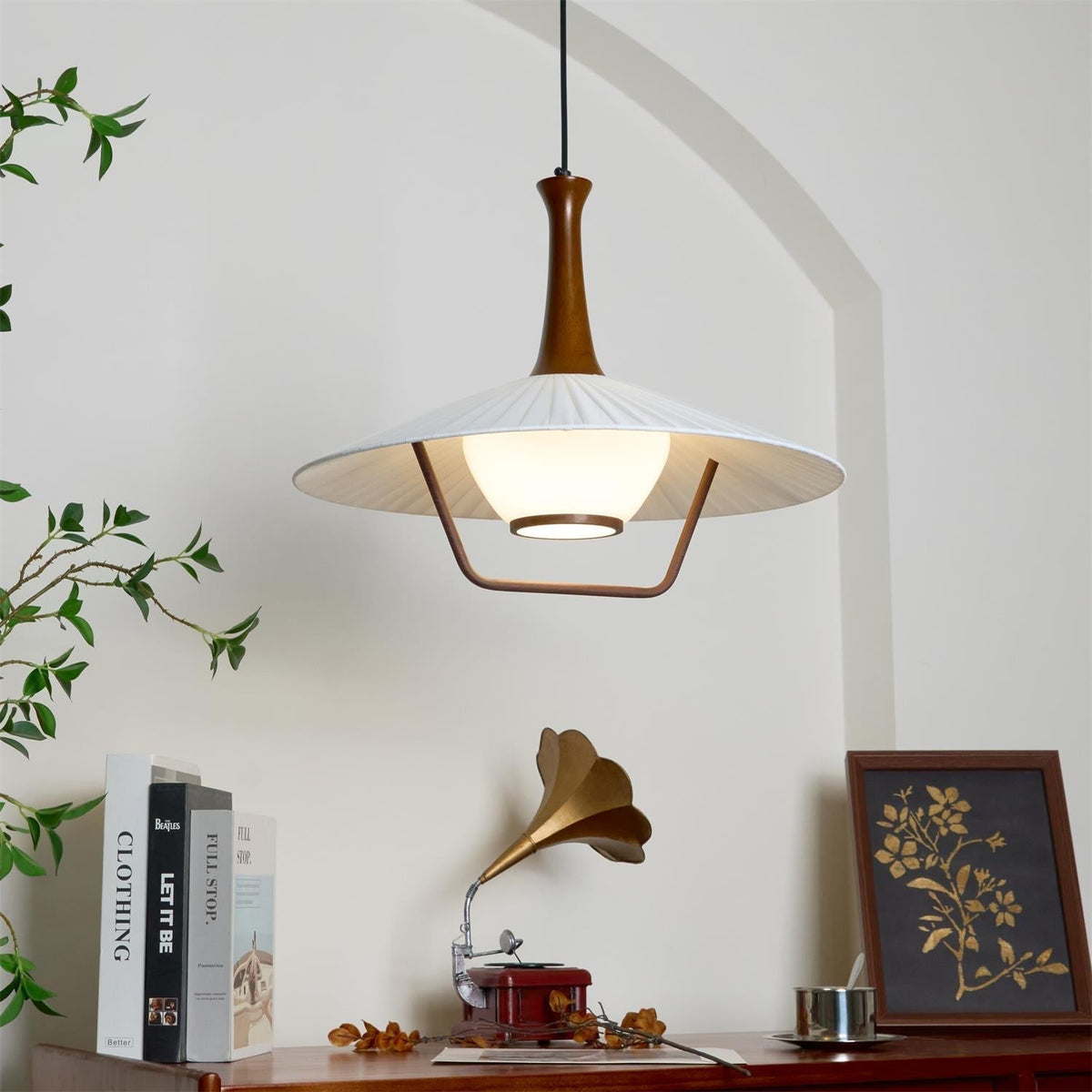Vionne Mid-Century Wood and White Pendant Lamp-Neutral Decor