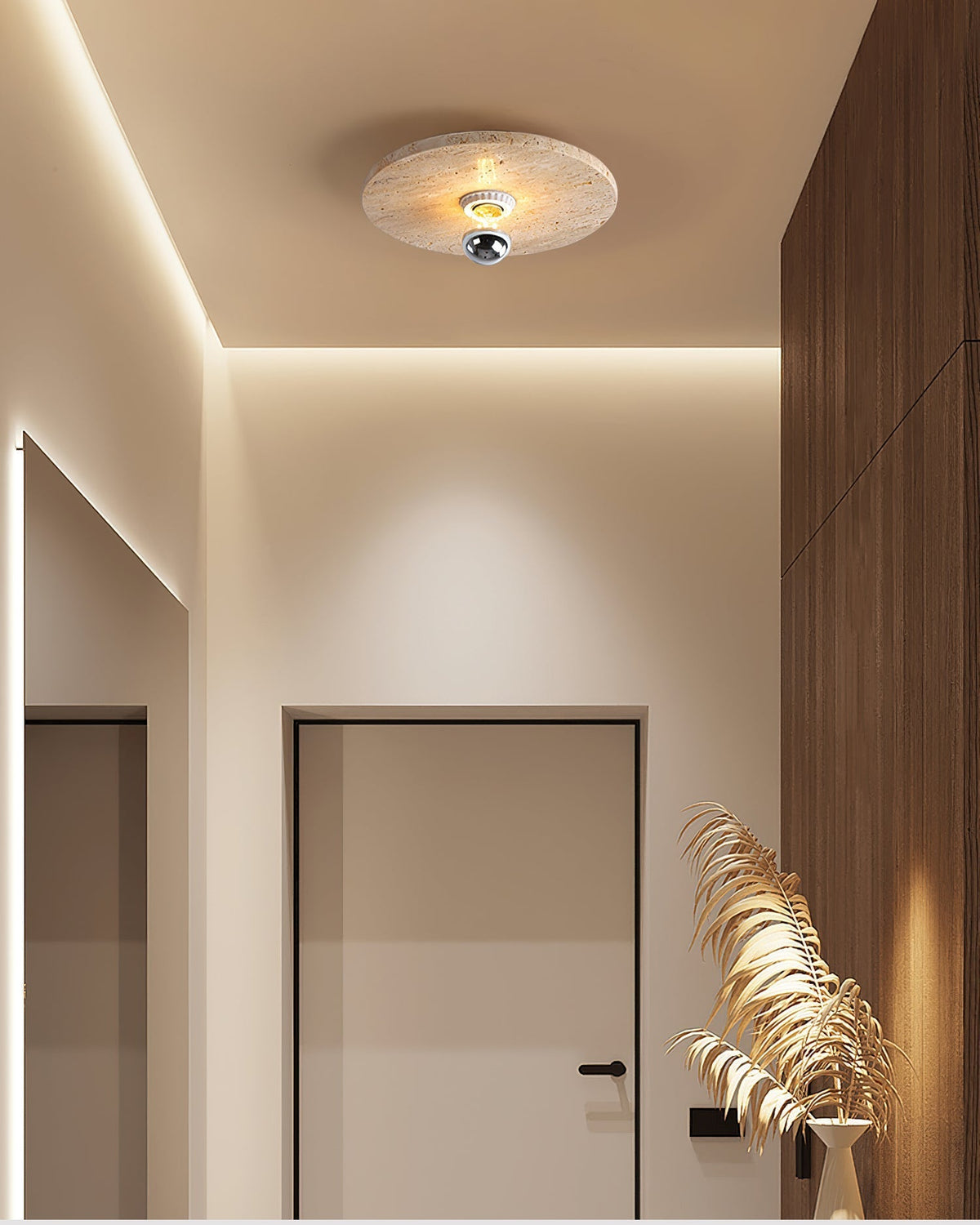 A view of the Avize Travertine Ceiling Lamp installed on a white ceiling.