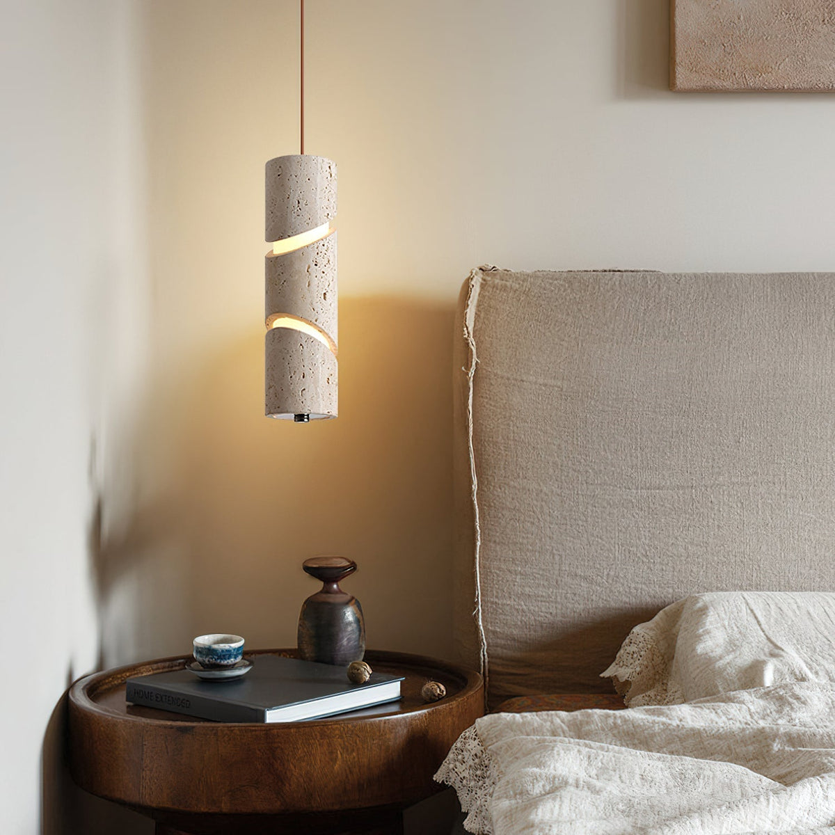 Close-up of the Awsinil Pendant Lamp showing the natural travertine texture.
