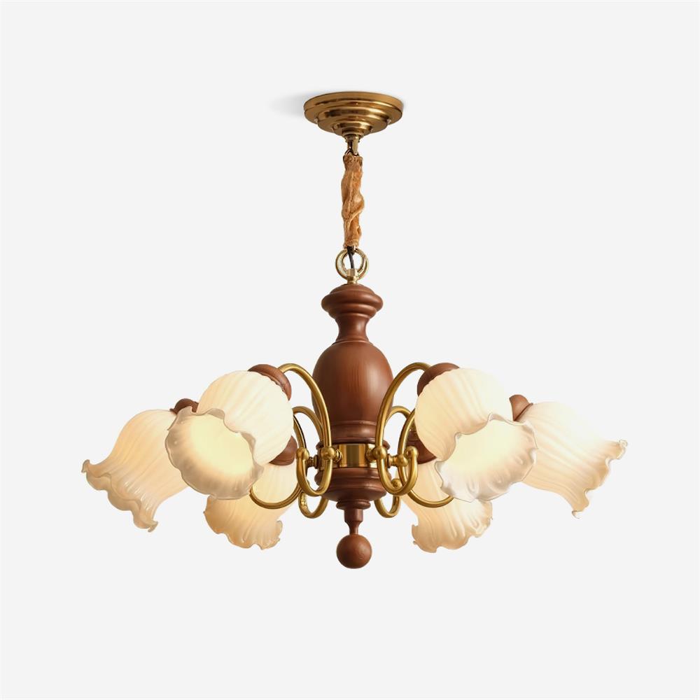 Chandelier Tulip Glass Shades Walnut Wood Frame Rustic-Neutral Decor