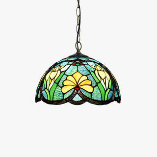 Tiffany Vintage Suspension Tachée Fleurs Verre Salon