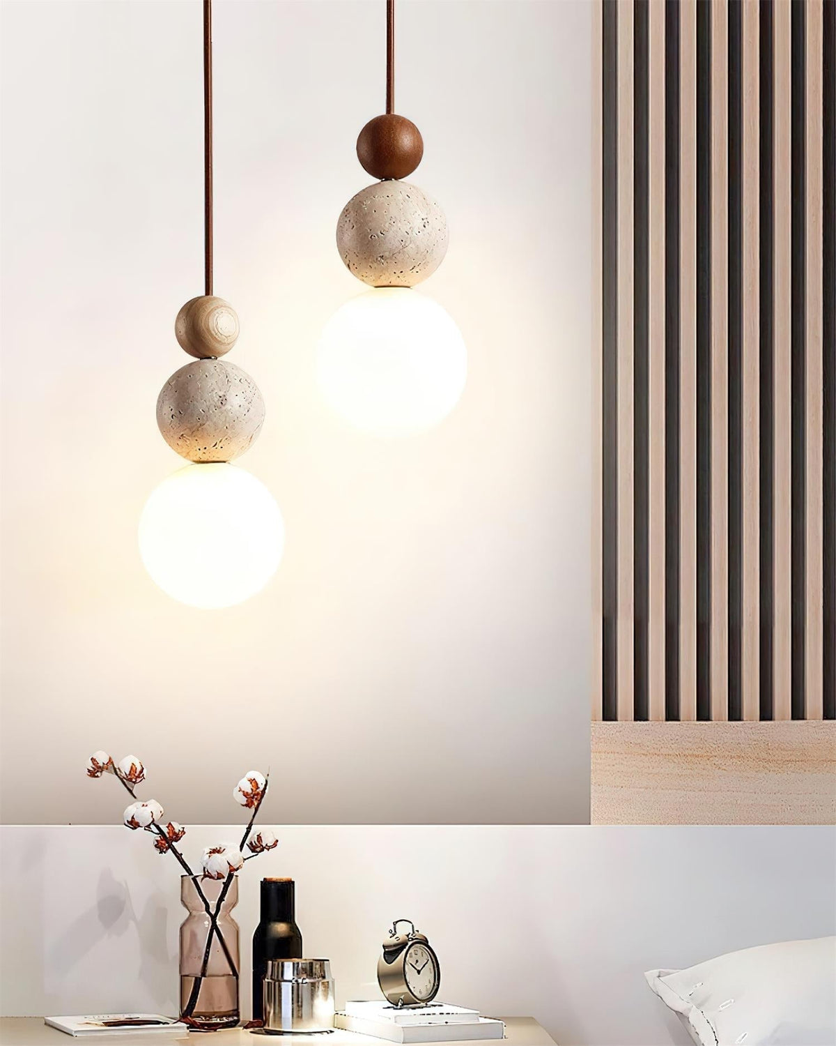 Giona Pendant Lamp Globe Travertine Wood Neutral-Neutral Decor