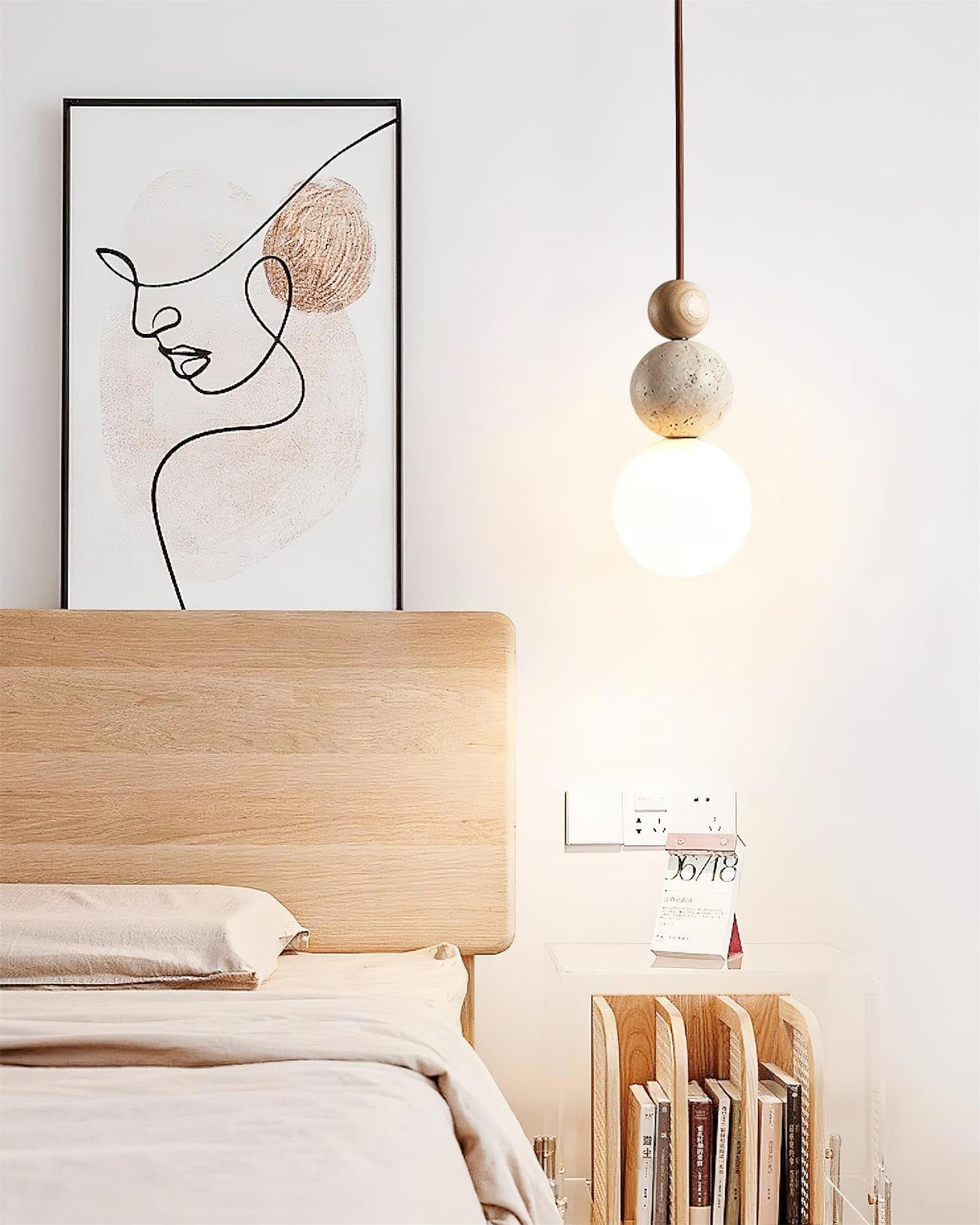 Giona Pendant Lamp Globe Travertine Wood Neutral-Neutral Decor
