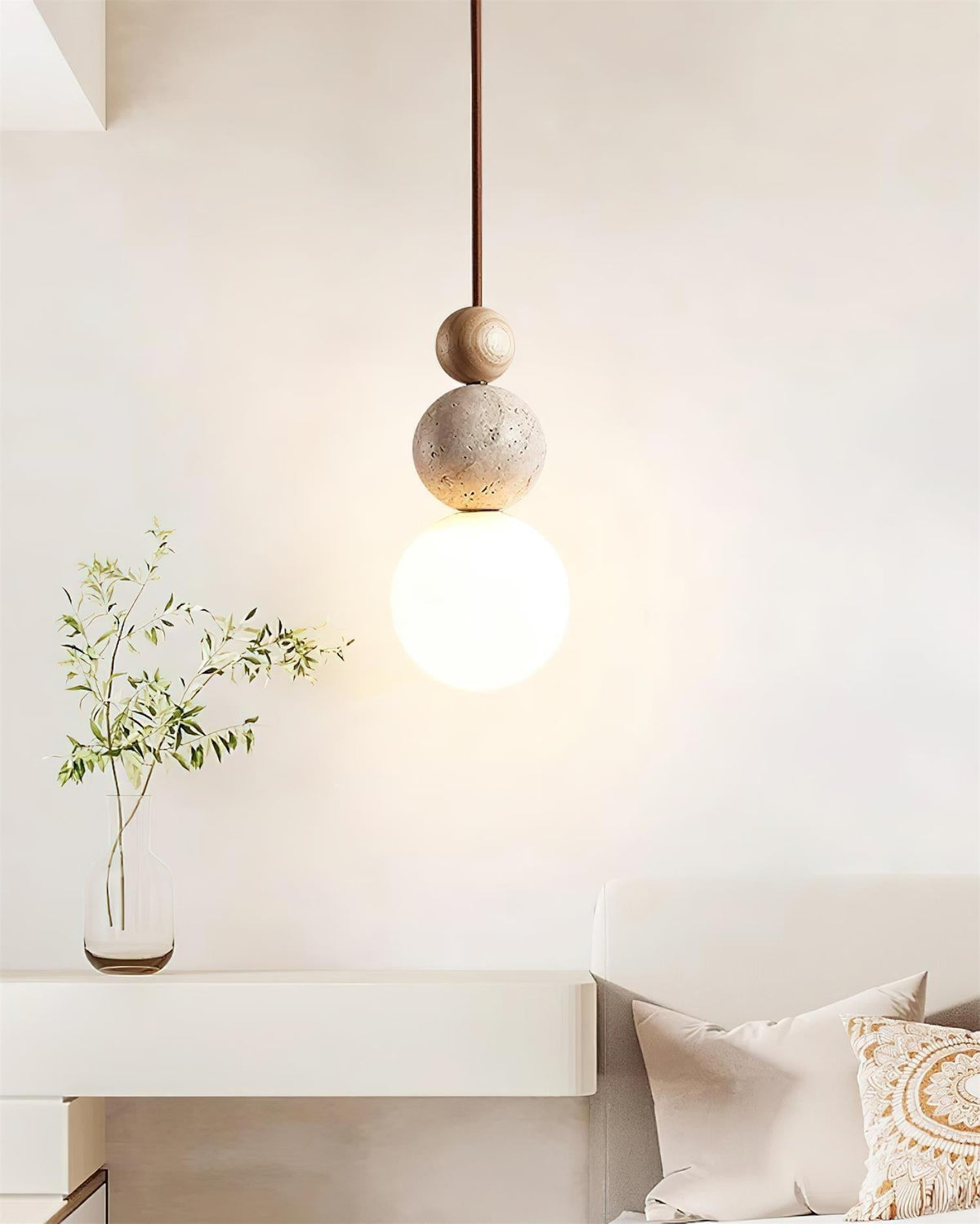 Giona Pendant Lamp Globe Travertine Wood Neutral-Neutral Decor