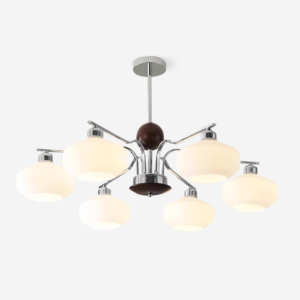 Chandelier White Glass Shades Chrome Walnut Arms Retro-Neutral Decor