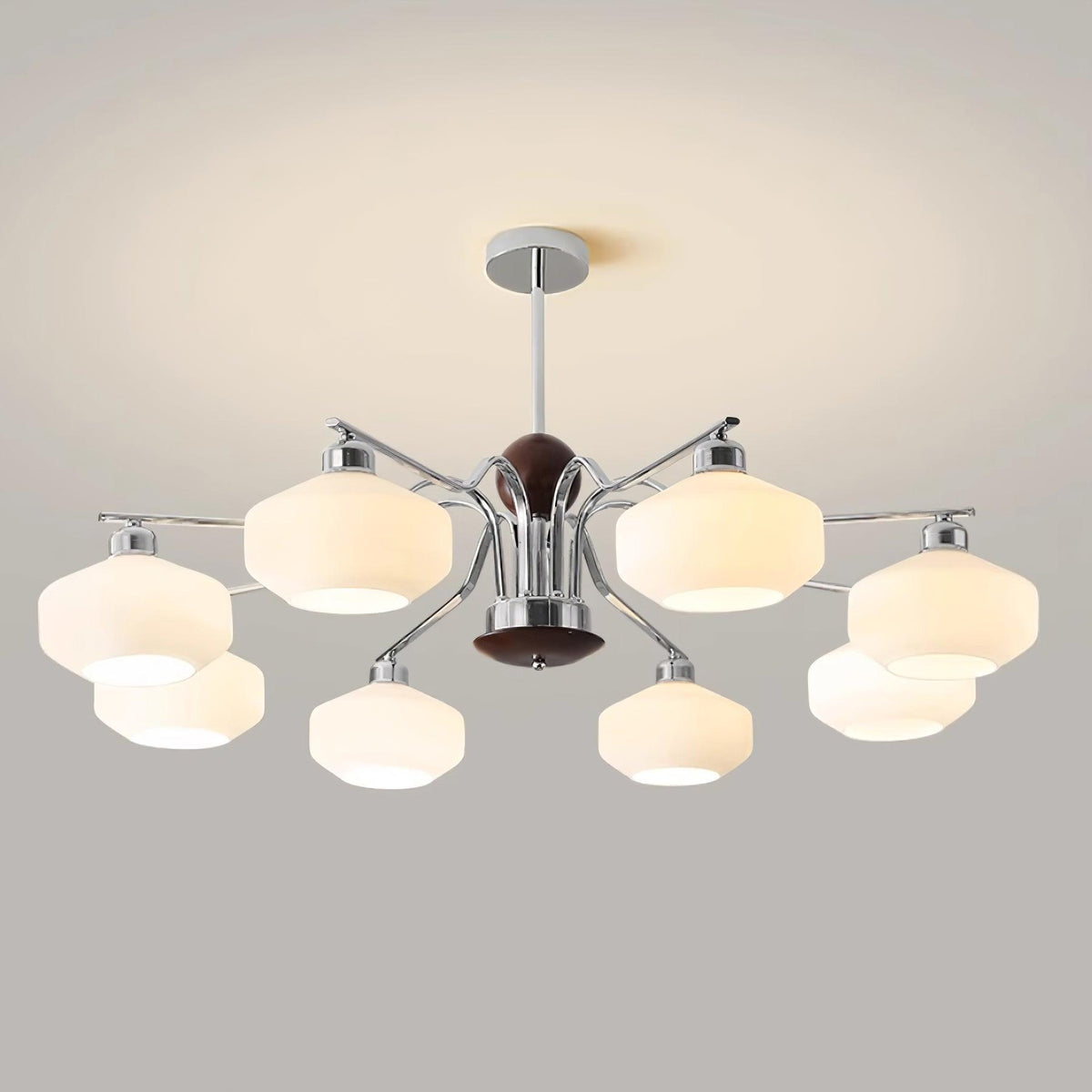 Chandelier White Glass Shades Chrome Walnut Arms Retro-Neutral Decor