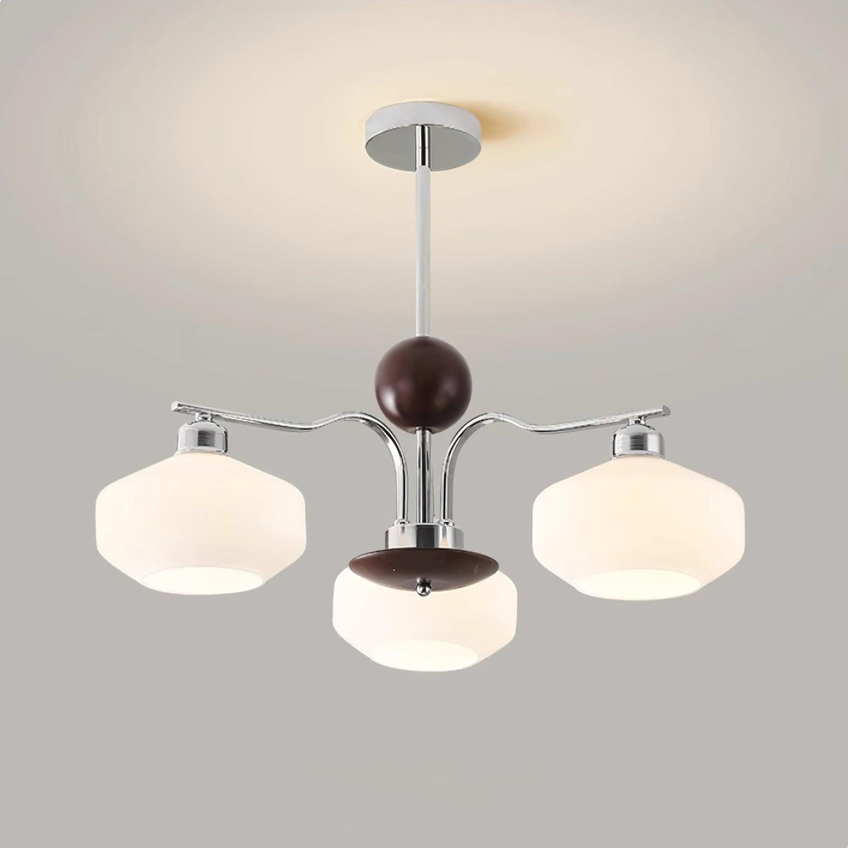 Chandelier White Glass Shades Chrome Walnut Arms Retro-Neutral Decor