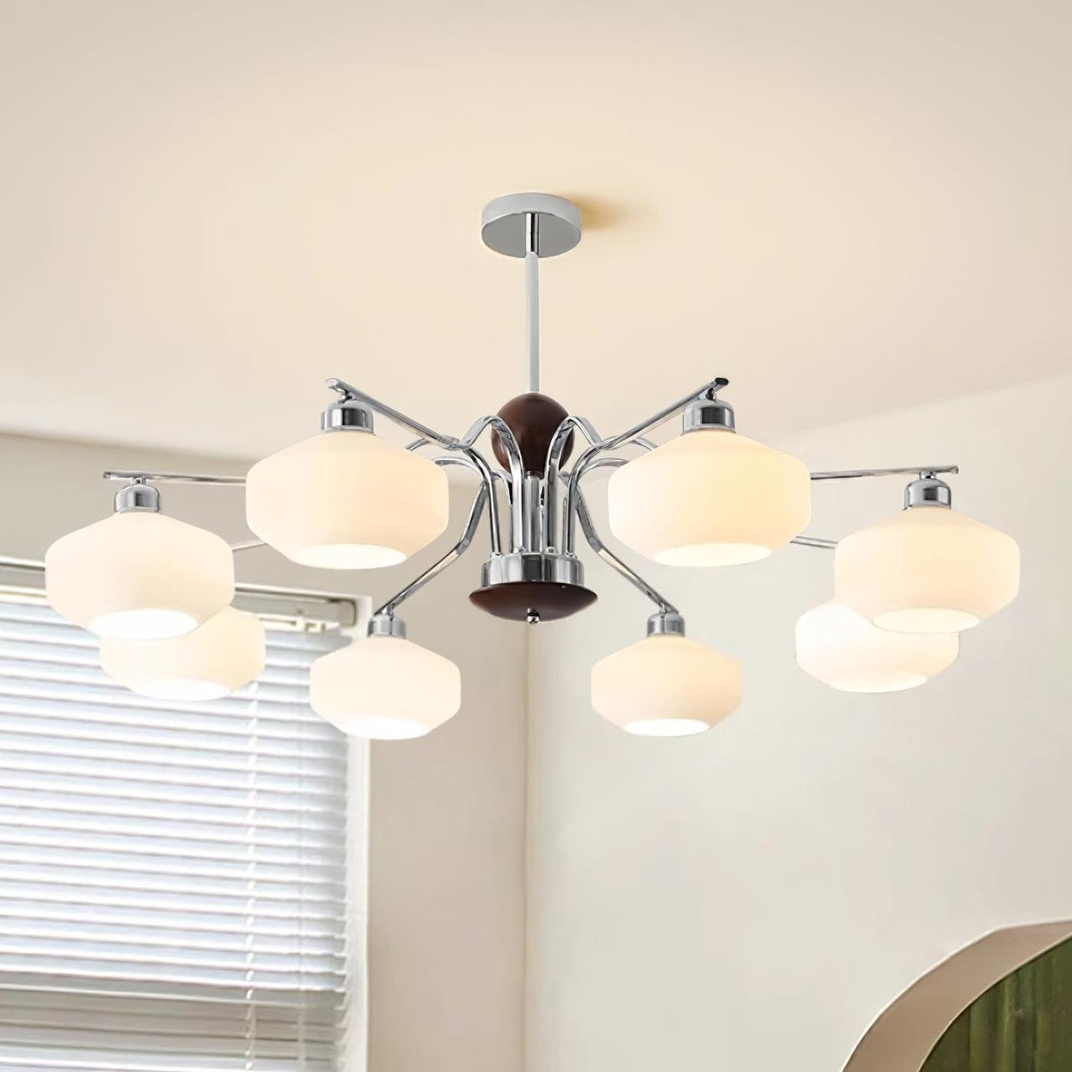 Chandelier White Glass Shades Chrome Walnut Arms Retro-Neutral Decor