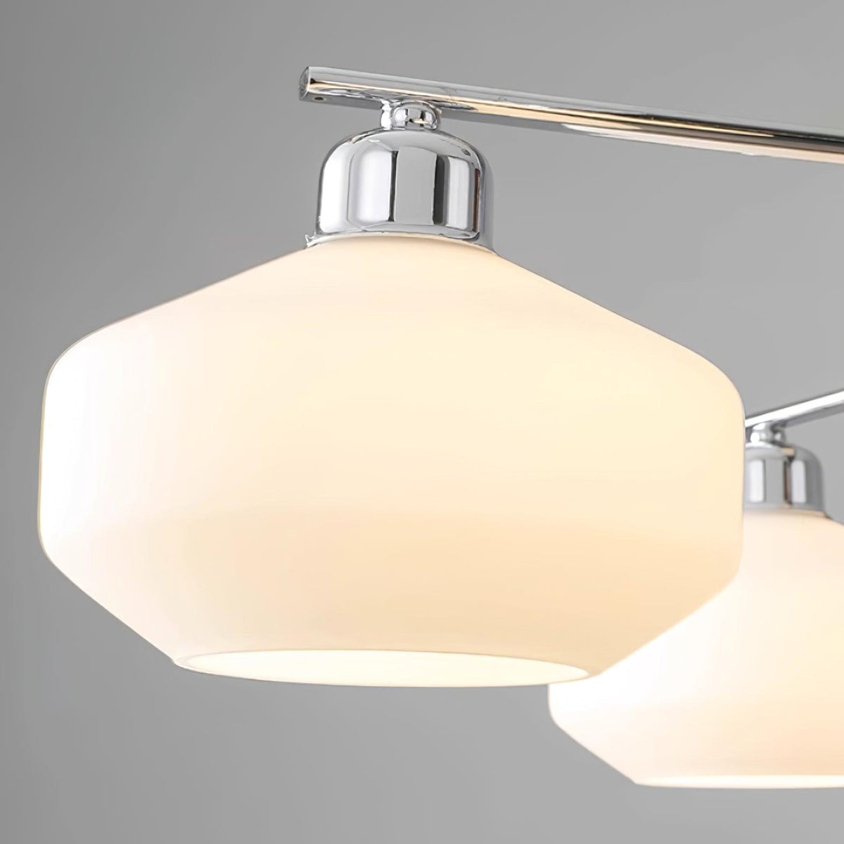 Chandelier White Glass Shades Chrome Walnut Arms Retro-Neutral Decor