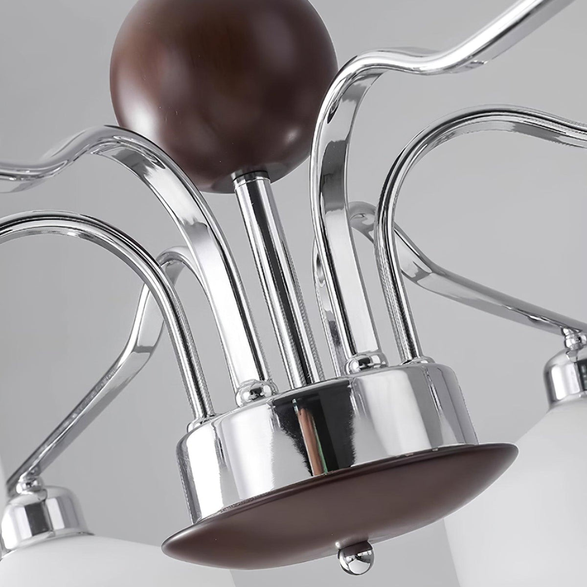 Chandelier White Glass Shades Chrome Walnut Arms Retro-Neutral Decor