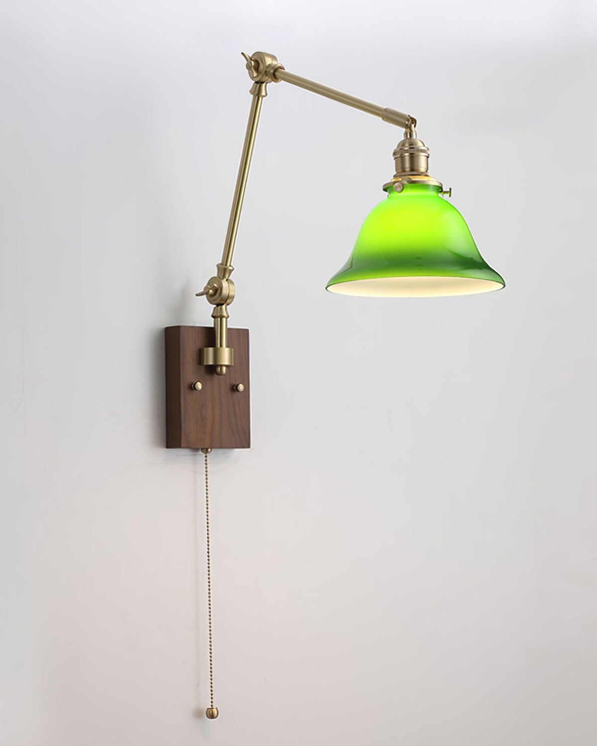 Velra Wall Lamp Brass and Glass Shade Walnut Wood Base Adjustable Arm Vintage-Neutral Decor