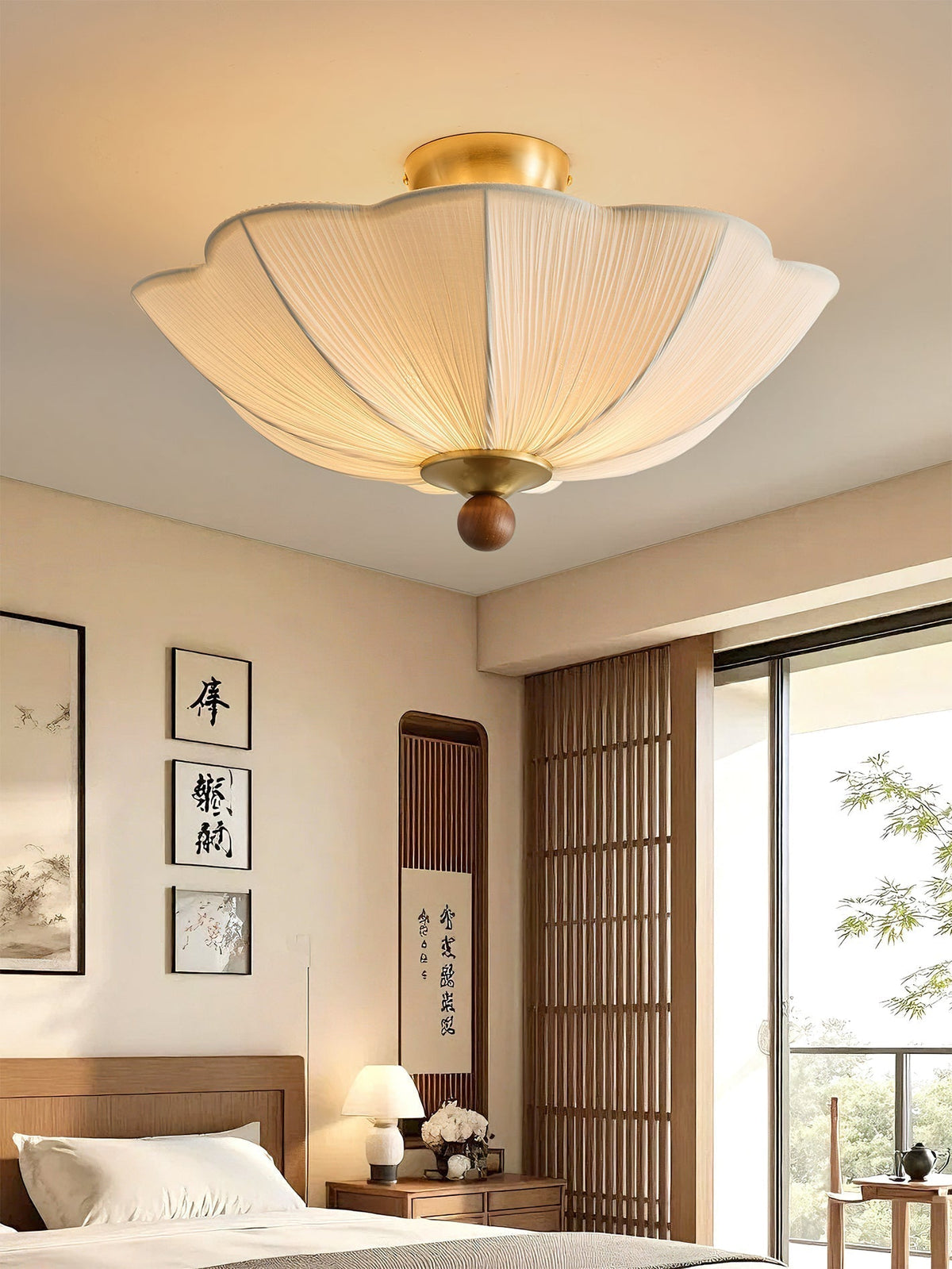 View of the ceiling light from below, highlighting the sunburst design.