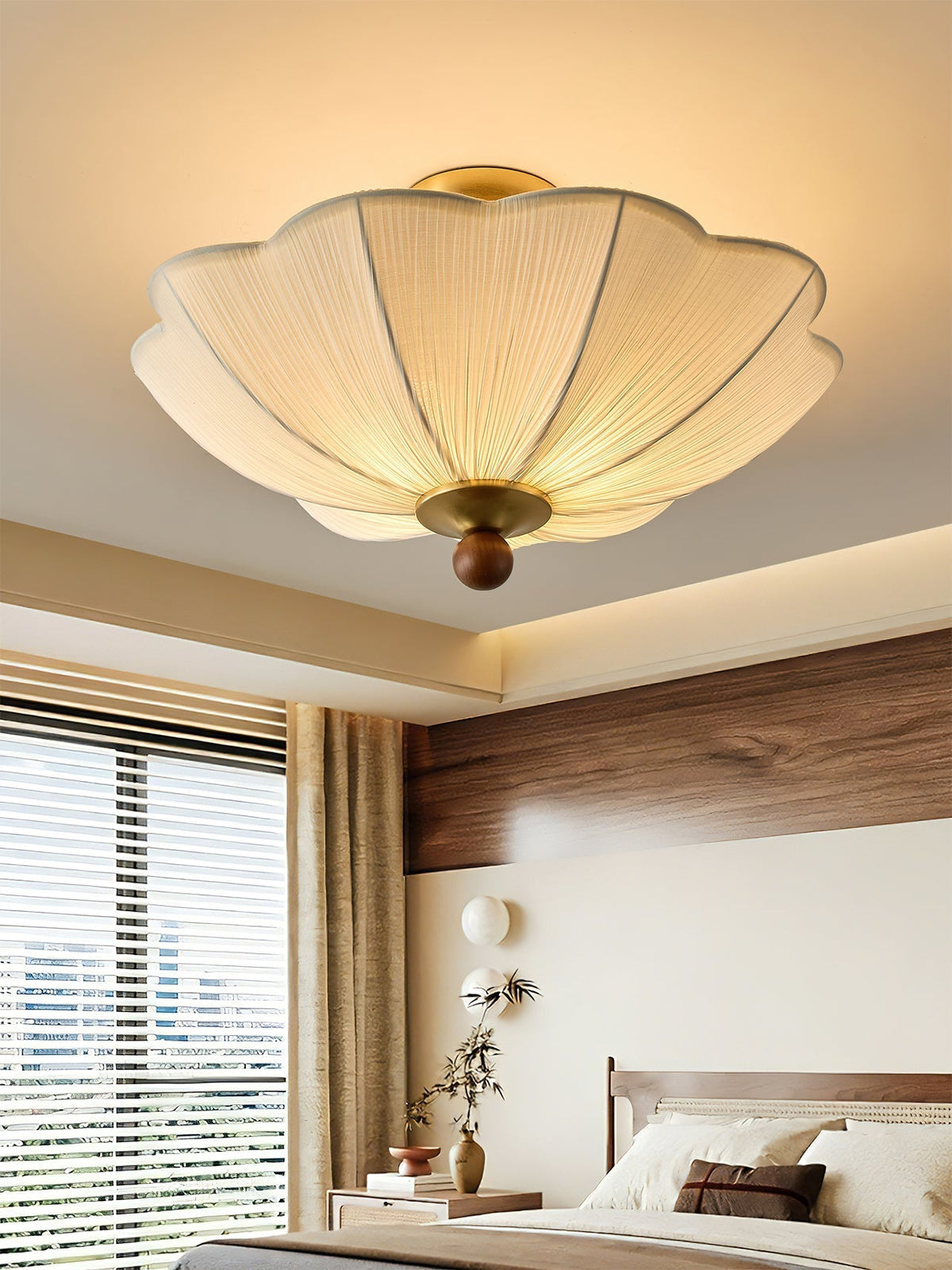 The semi-flush mount light illuminated, casting a warm, ambient glow.