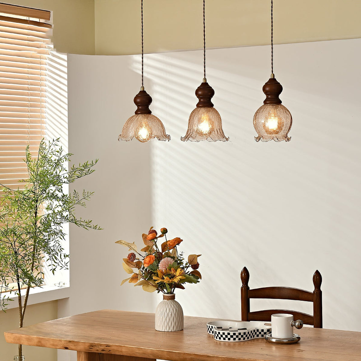 Barron Pendant Light Model B with a wider amber glass shade.