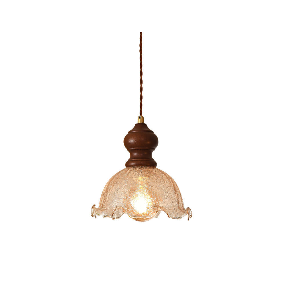 Barron Pendant Light Model A with wood top and amber glass shade.