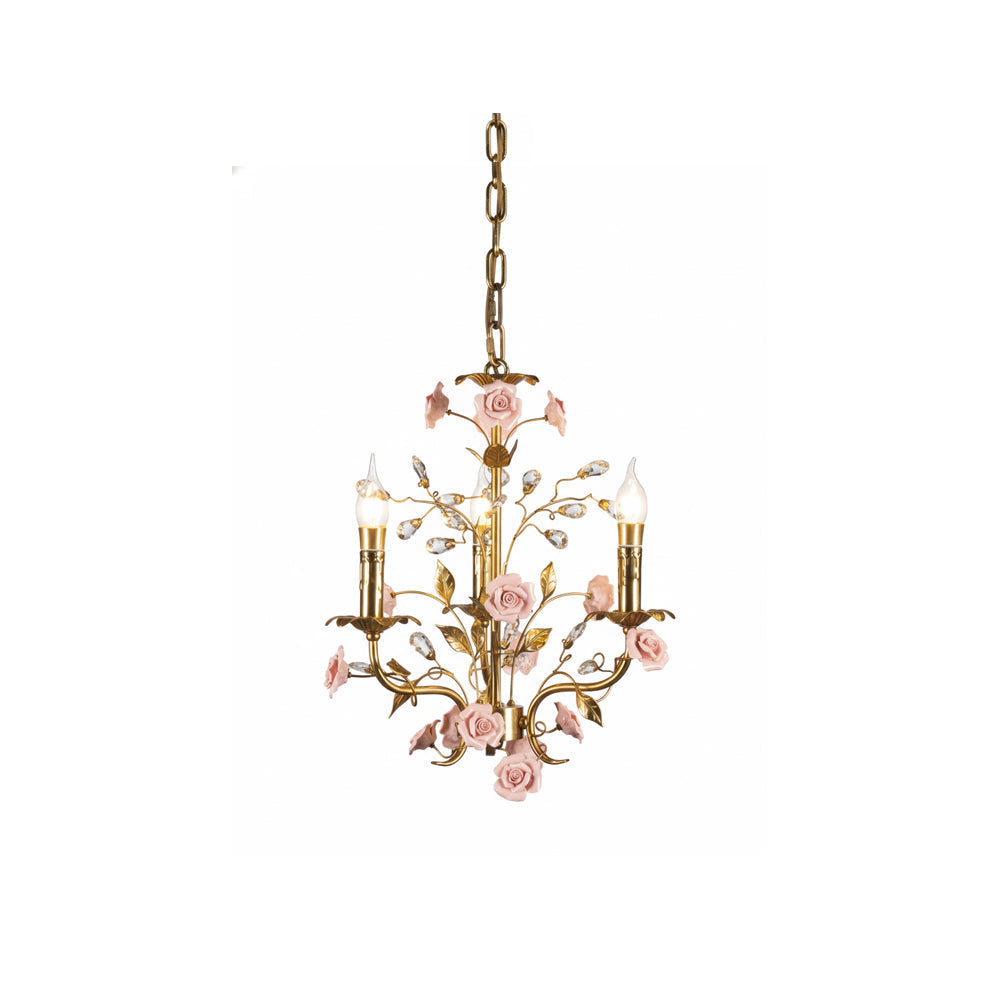 Bassano Chandelier with brass vines and pink ceramic roses, shown against a neutral background.
