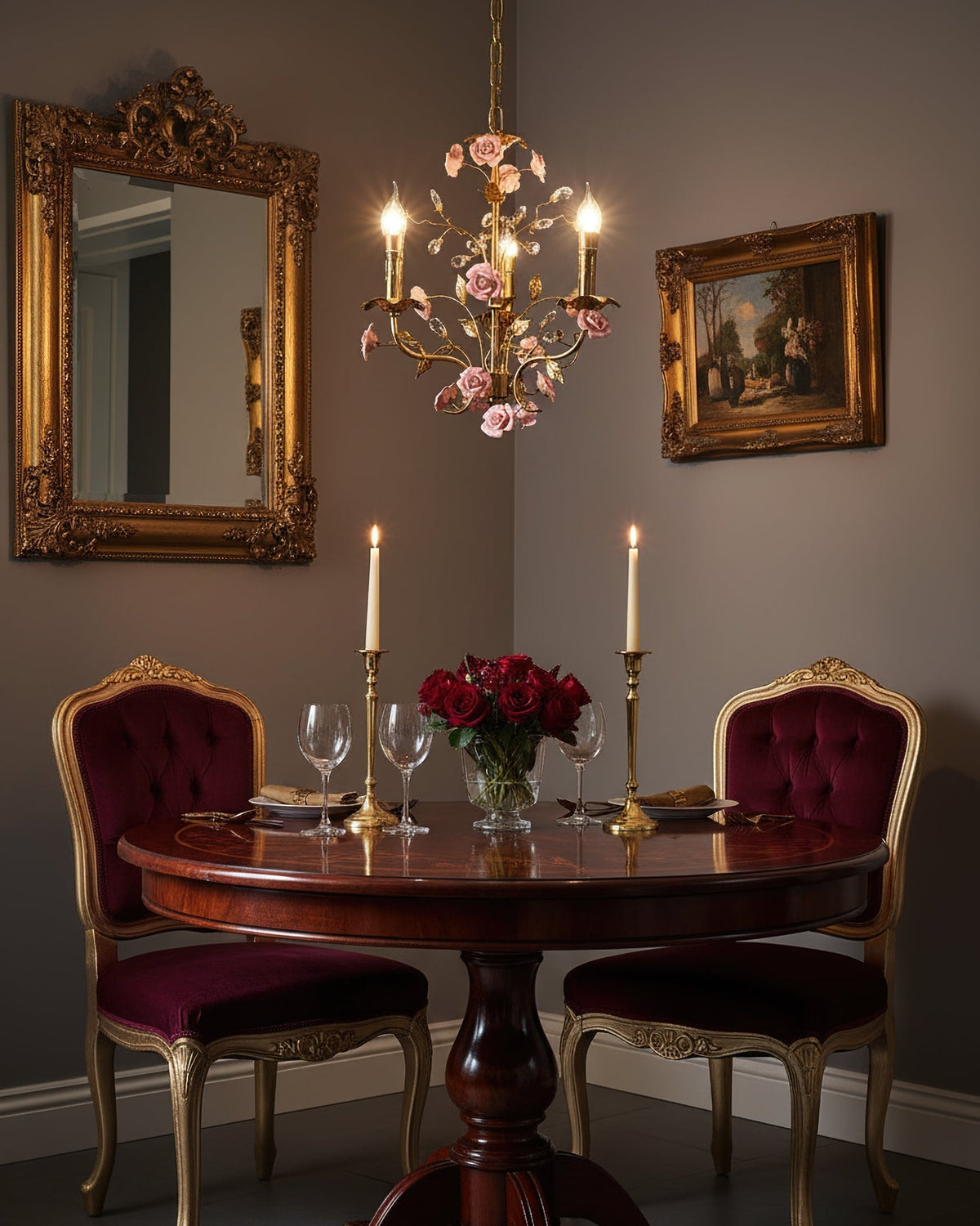 The Bassano Chandelier illuminated, casting a warm glow in a room.