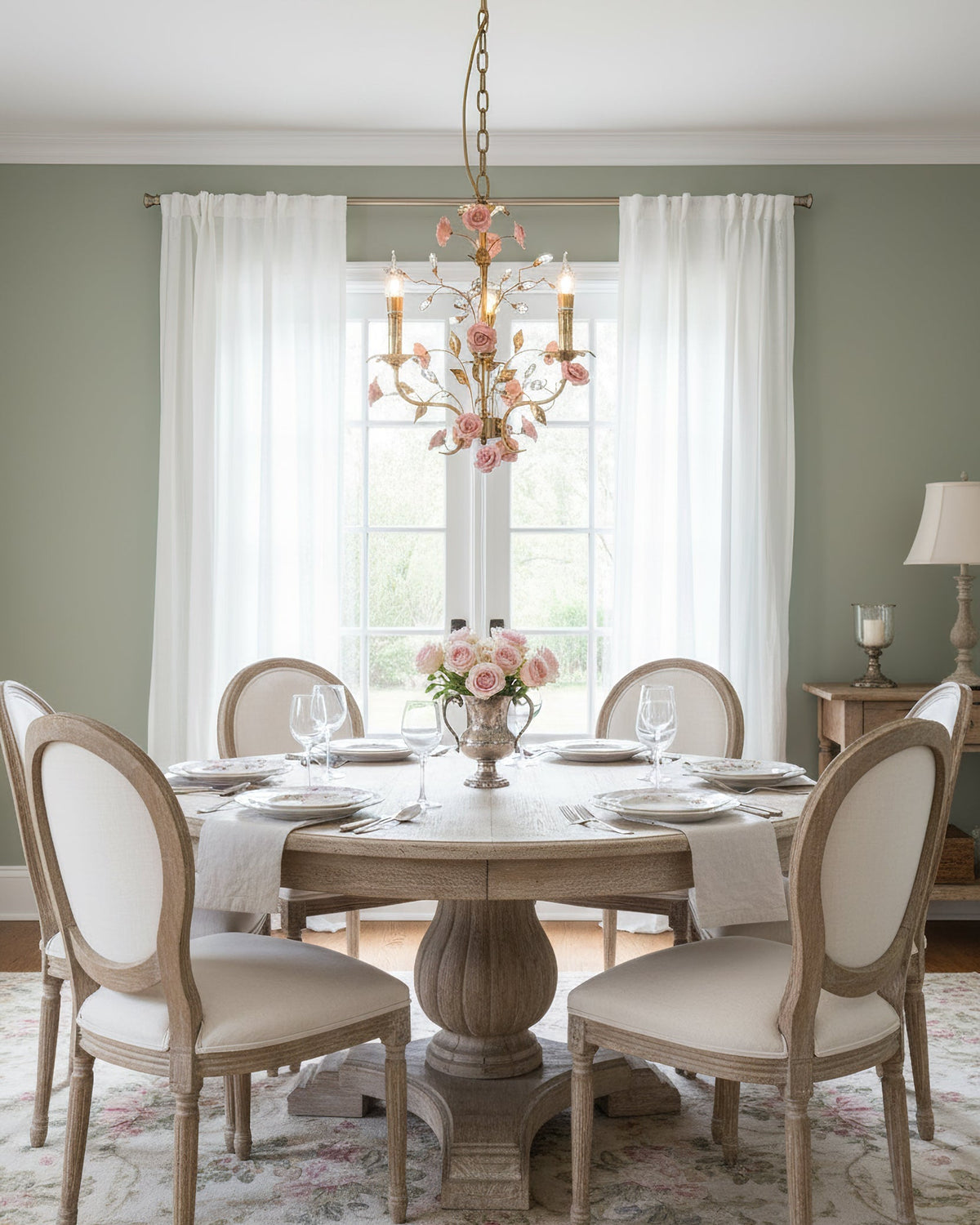 The three-light Bassano Chandelier hanging from its chain.