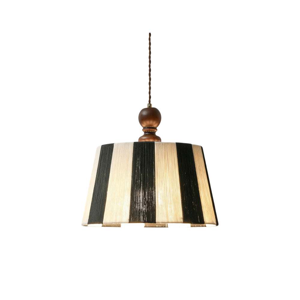 Beatrice Pendant Light with a black and white striped fabric drum shade.