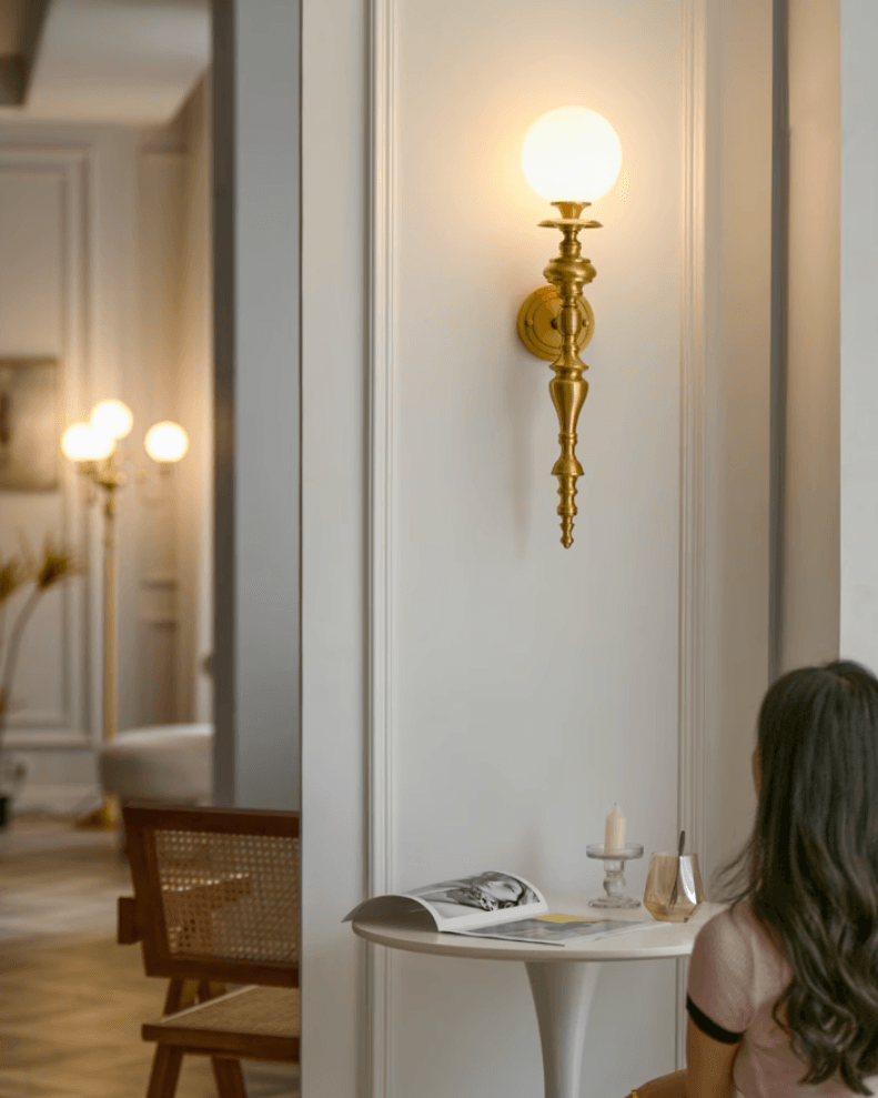 Wall Lamp Sculpted Brass Body Globe Shade Classic Elegant Statement-Neutral Decor