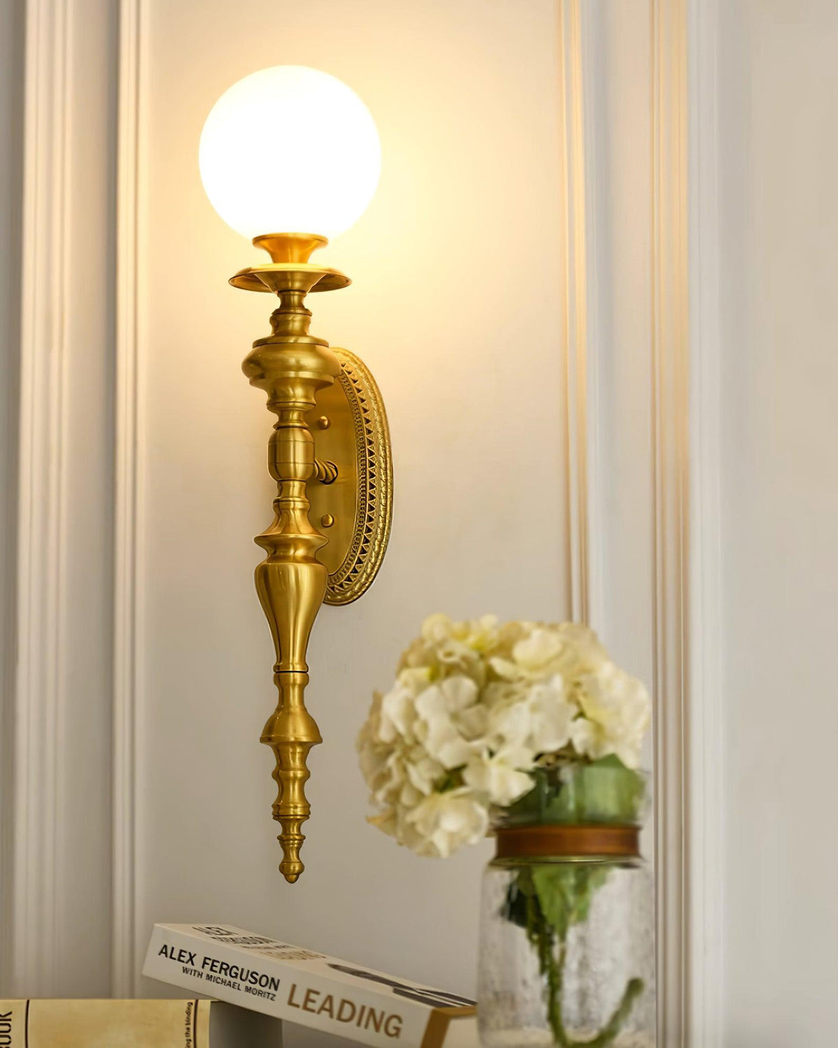 Wall Lamp Sculpted Brass Body Globe Shade Classic Elegant Statement-Neutral Decor