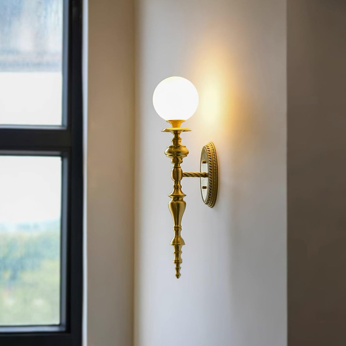 Wall Lamp Sculpted Brass Body Globe Shade Classic Elegant Statement-Neutral Decor