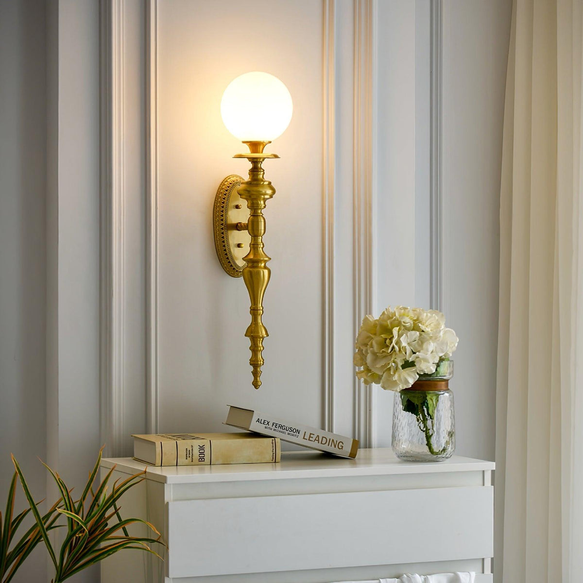 Wall Lamp Sculpted Brass Body Globe Shade Classic Elegant Statement-Neutral Decor