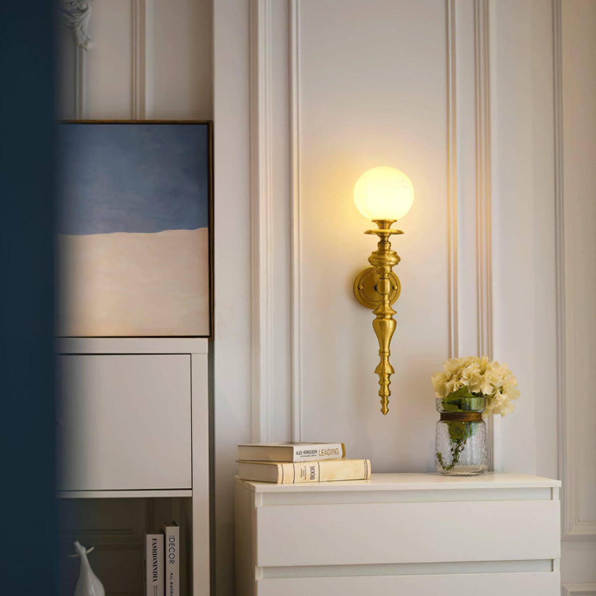 Wall Lamp Sculpted Brass Body Globe Shade Classic Elegant Statement-Neutral Decor