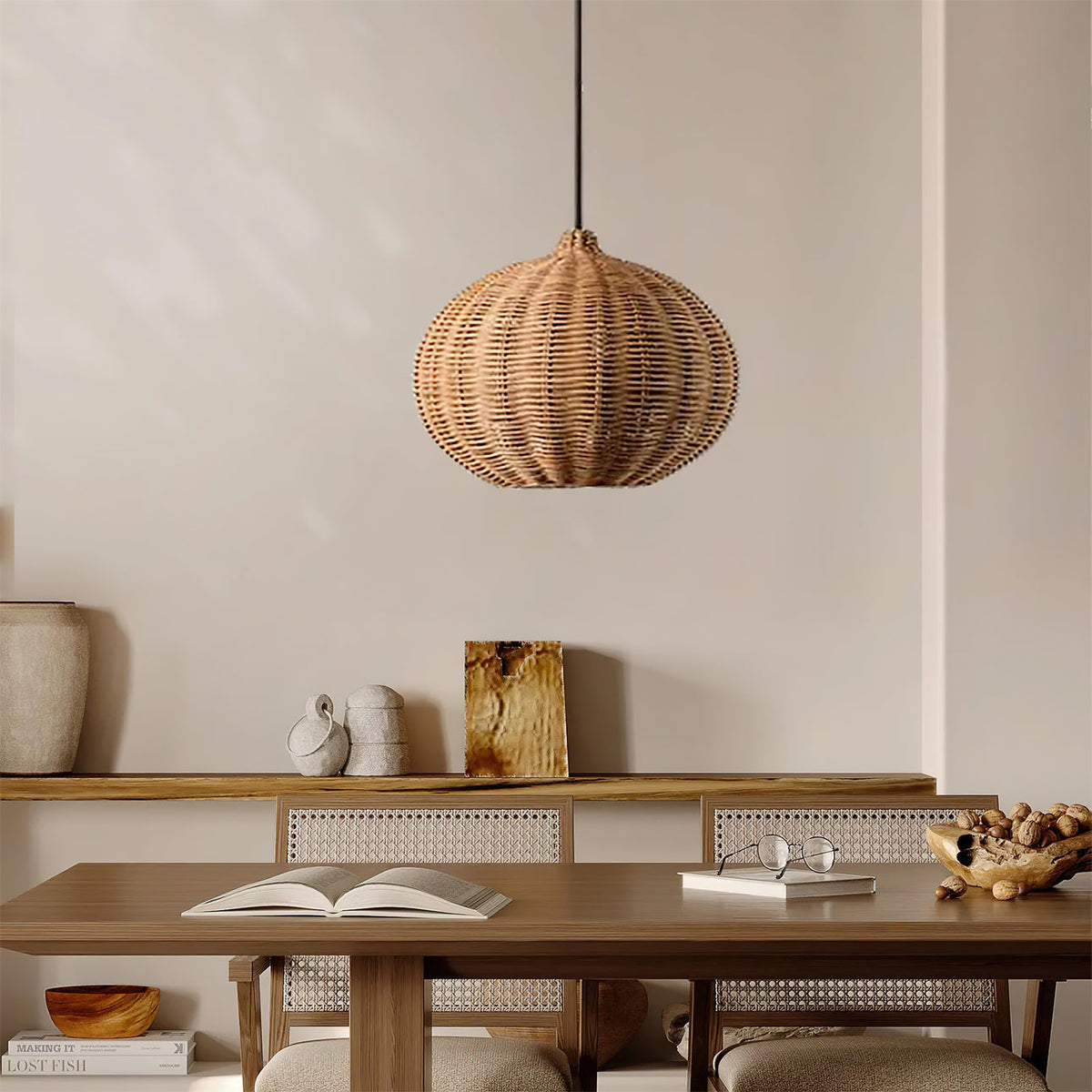 Lifestyle view of the Beliani pendant light in a cozy, bohemian-style bedroom.