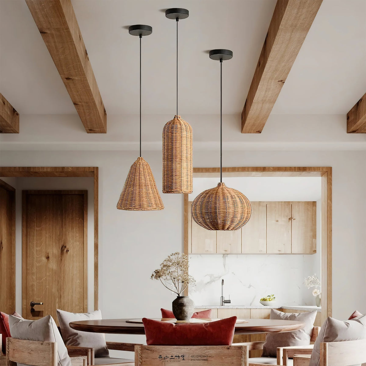 Model A of the Beliani pendant light with a round rattan shade.